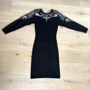 Vintage Sarah Taylor Black Knit Sequin Beaded Sweater Dress Silk Angora S